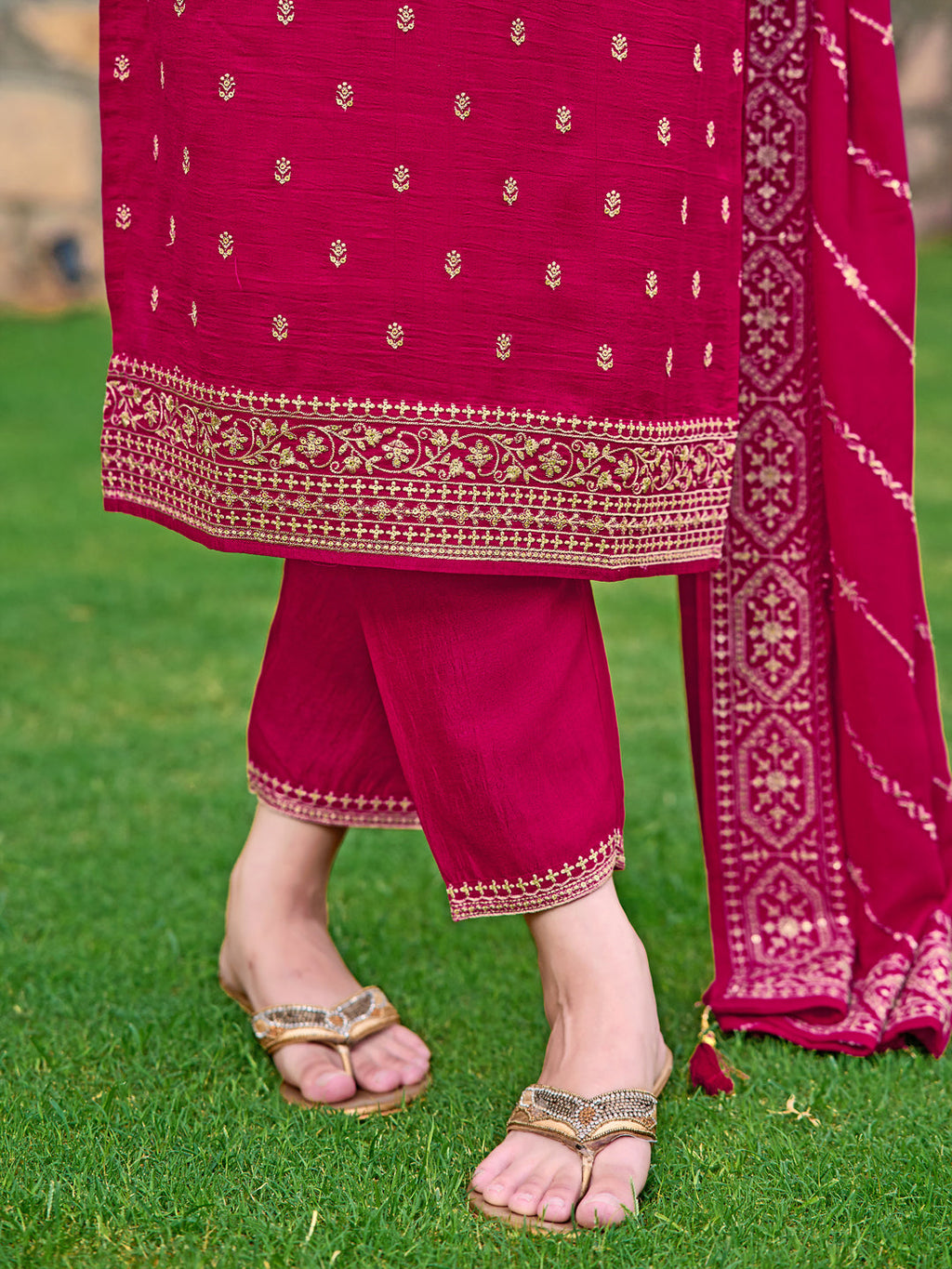 Embroidered Kurta With Pant & Embroidered Dupatta, Pink - Hiral Fashion | Grocsy