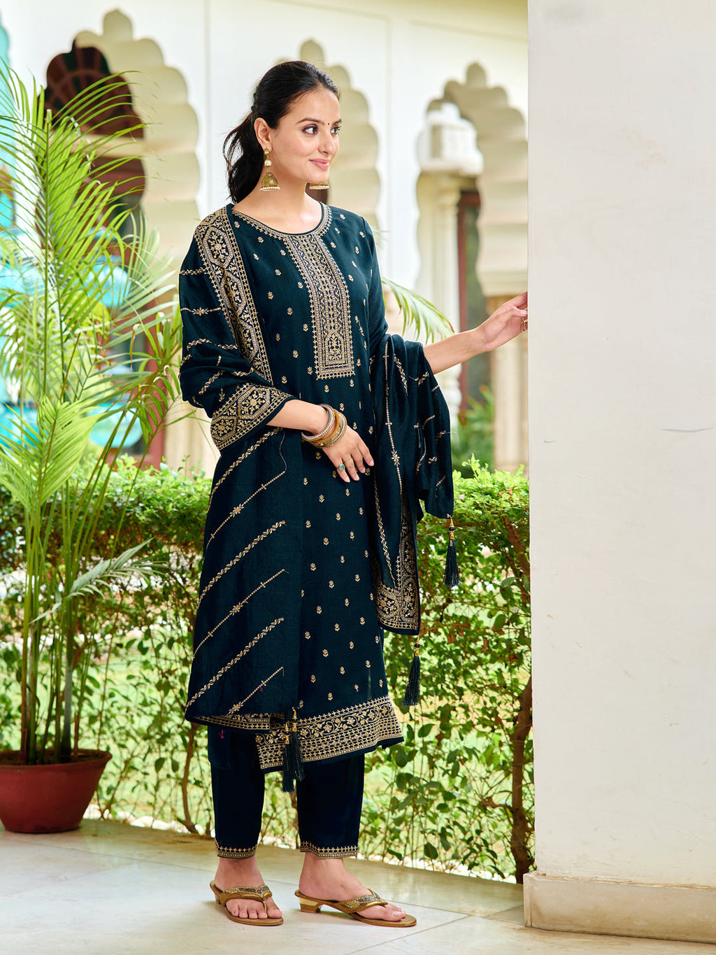 Embroidered Kurta With Pant & Embroidered Dupatta, Navy Blue - Hiral Fashion | Grocsy