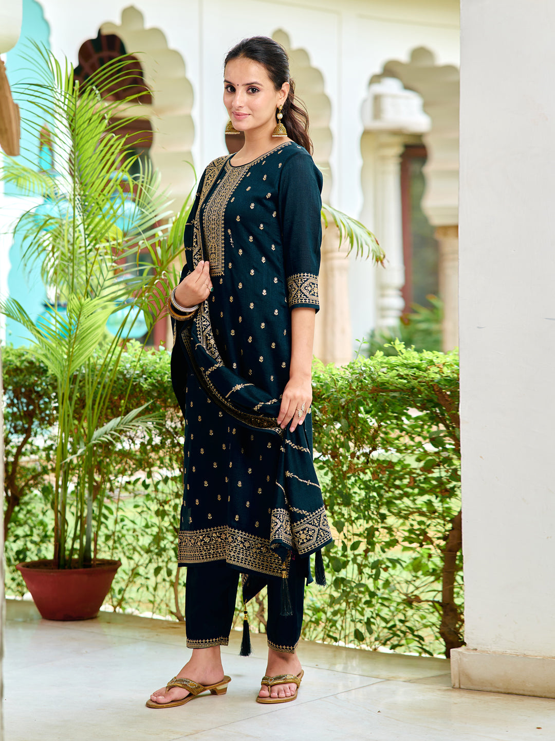 Embroidered Kurta With Pant & Embroidered Dupatta, Navy Blue - Hiral Fashion | Grocsy