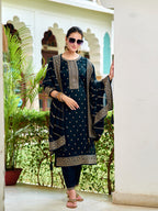 Embroidered Kurta With Pant & Embroidered Dupatta, Navy Blue - Hiral Fashion | Grocsy