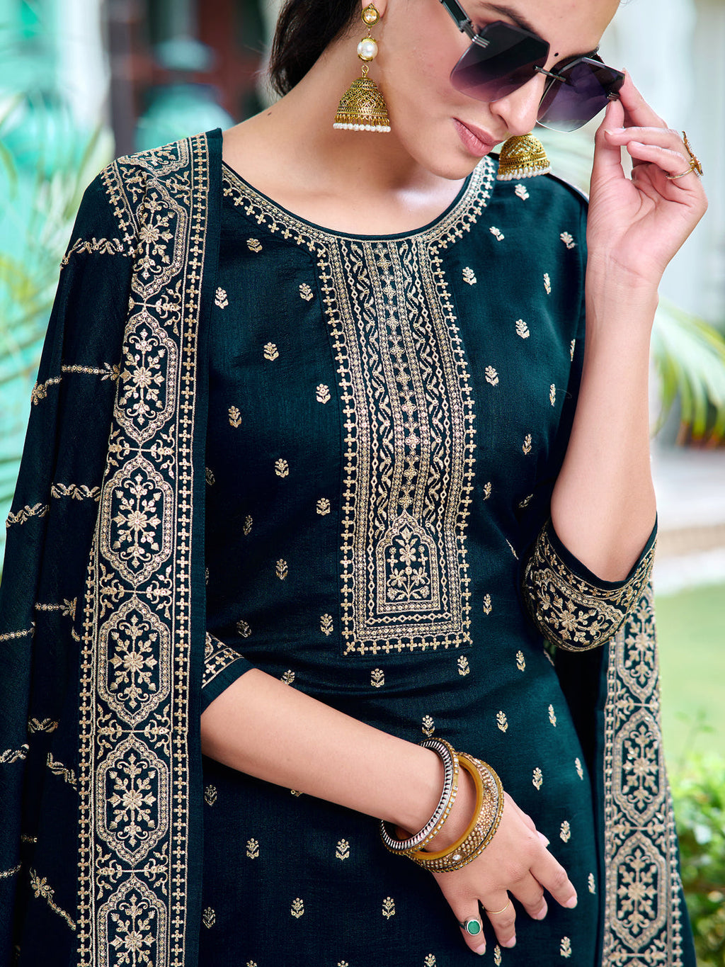 Embroidered Kurta With Pant & Embroidered Dupatta, Navy Blue - Hiral Fashion | Grocsy
