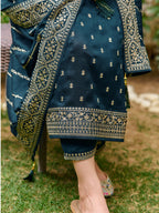 Embroidered Kurta With Pant & Embroidered Dupatta, Teal - Hiral Fashion | Grocsy