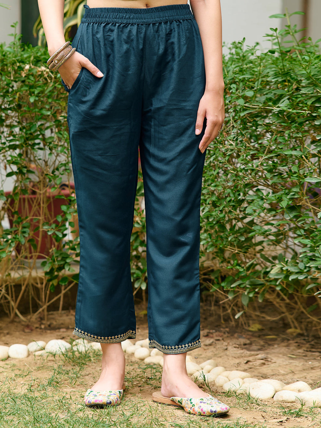 Embroidered Kurta With Pant & Embroidered Dupatta, Teal - Hiral Fashion | Grocsy