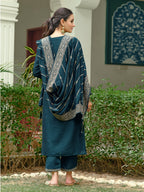 Embroidered Kurta With Pant & Embroidered Dupatta, Teal - Hiral Fashion | Grocsy