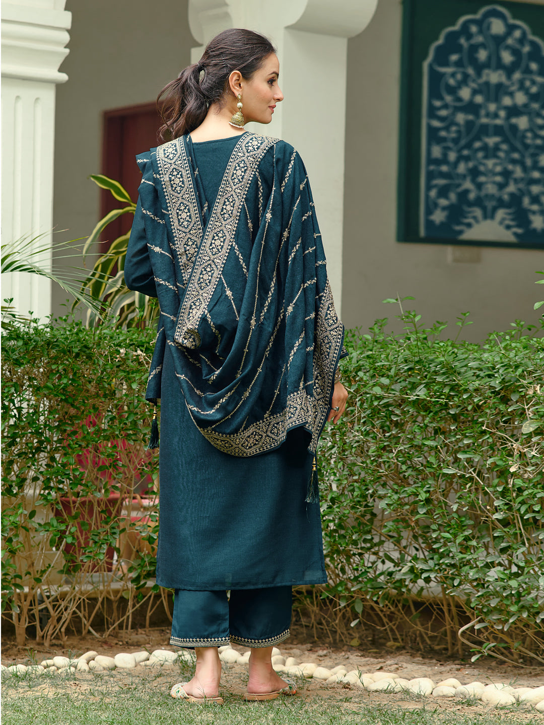 Embroidered Kurta With Pant & Embroidered Dupatta, Teal - Hiral Fashion | Grocsy