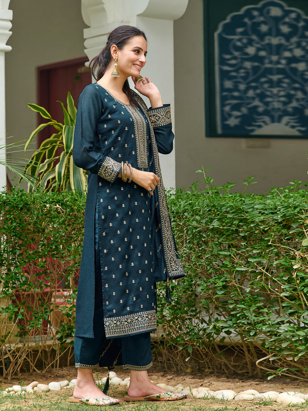 Embroidered Kurta With Pant & Embroidered Dupatta, Teal - Hiral Fashion | Grocsy