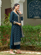 Embroidered Kurta With Pant & Embroidered Dupatta, Teal - Hiral Fashion | Grocsy