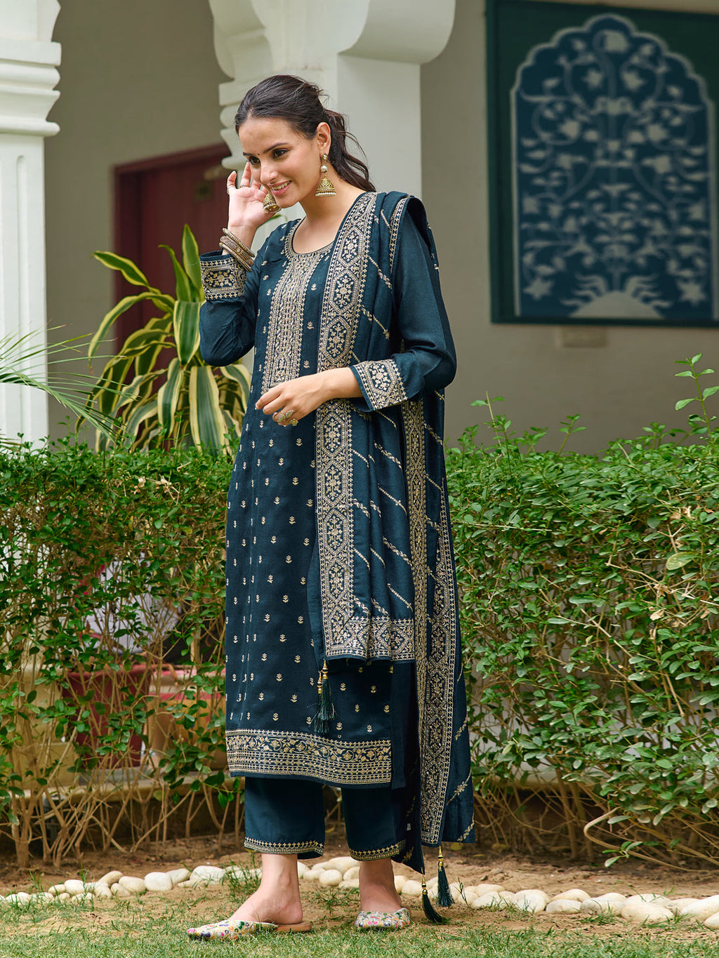 Embroidered Kurta With Pant & Embroidered Dupatta, Teal - Hiral Fashion | Grocsy