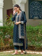 Embroidered Kurta With Pant & Embroidered Dupatta, Teal - Hiral Fashion | Grocsy
