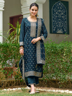 Embroidered Kurta With Pant & Embroidered Dupatta, Teal - Hiral Fashion | Grocsy
