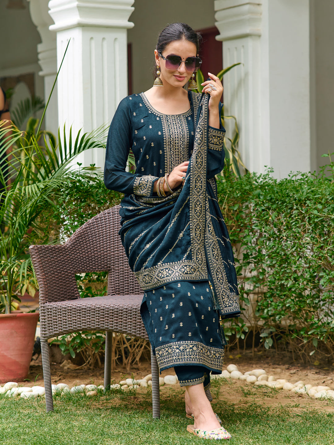 Embroidered Kurta With Pant & Embroidered Dupatta, Teal - Hiral Fashion | Grocsy