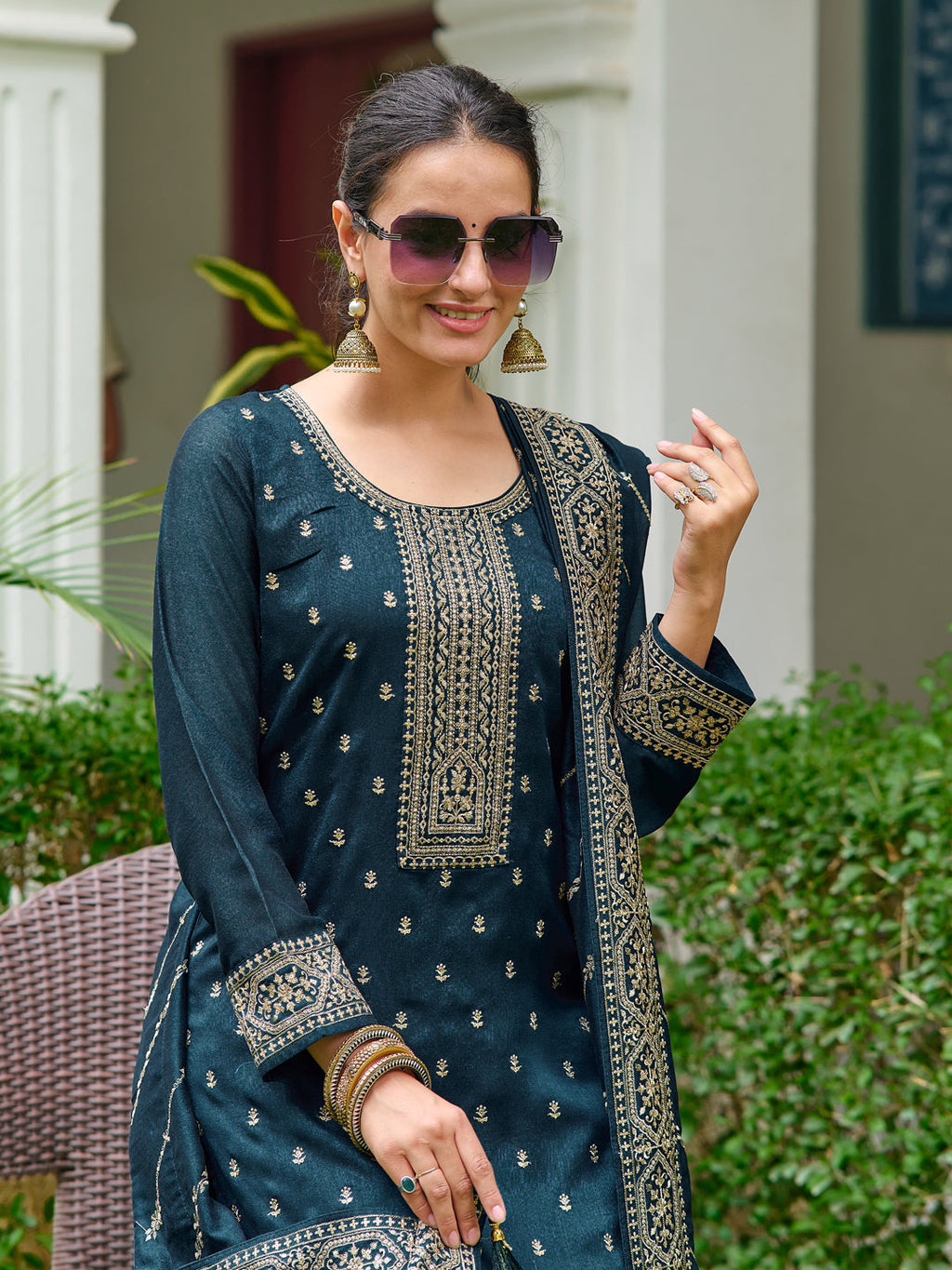 Embroidered Kurta With Pant & Embroidered Dupatta, Teal - Hiral Fashion | Grocsy