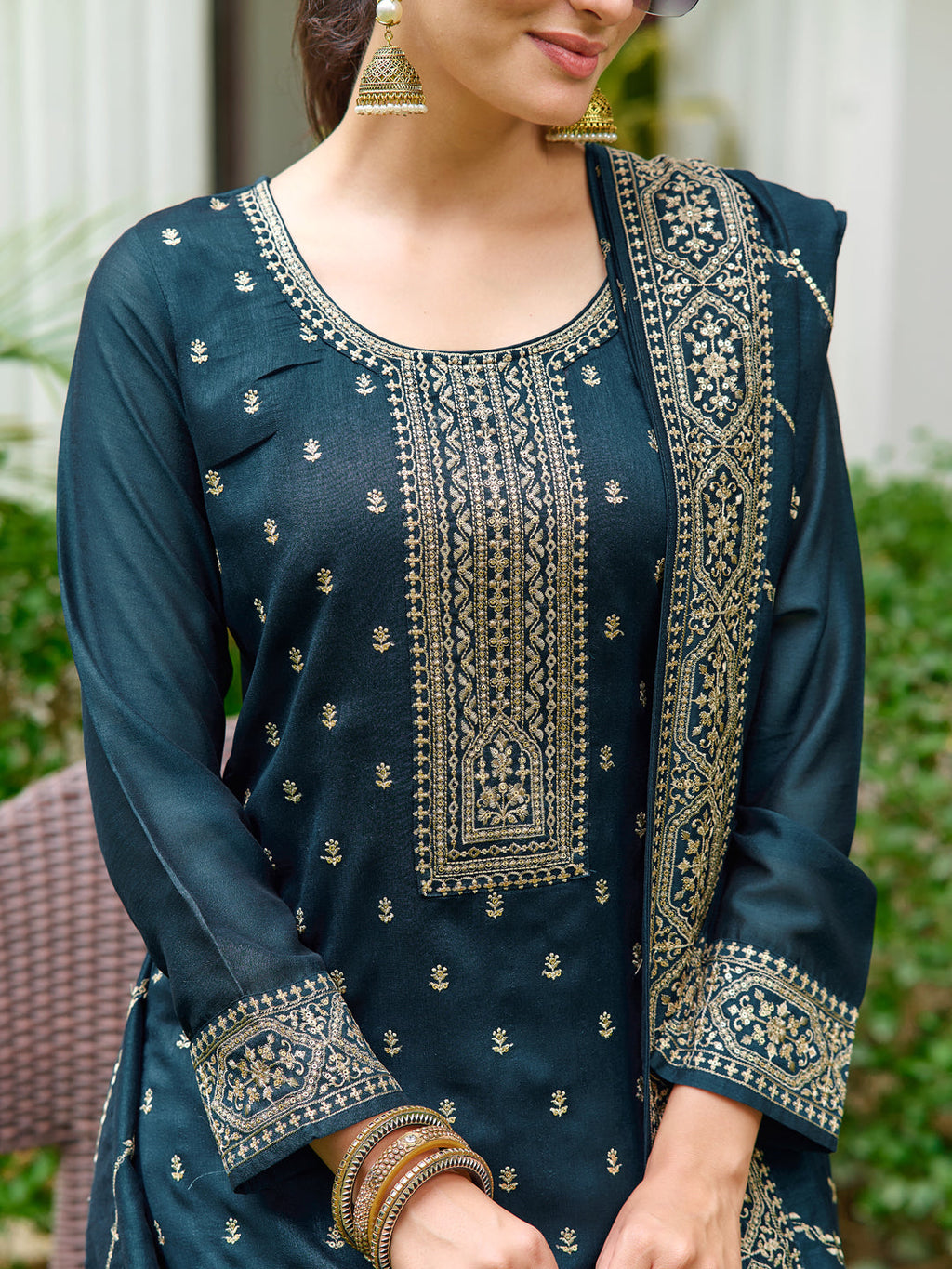 Embroidered Kurta With Pant & Embroidered Dupatta, Teal - Hiral Fashion | Grocsy