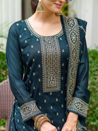 Embroidered Kurta With Pant & Embroidered Dupatta, Teal - Hiral Fashion | Grocsy