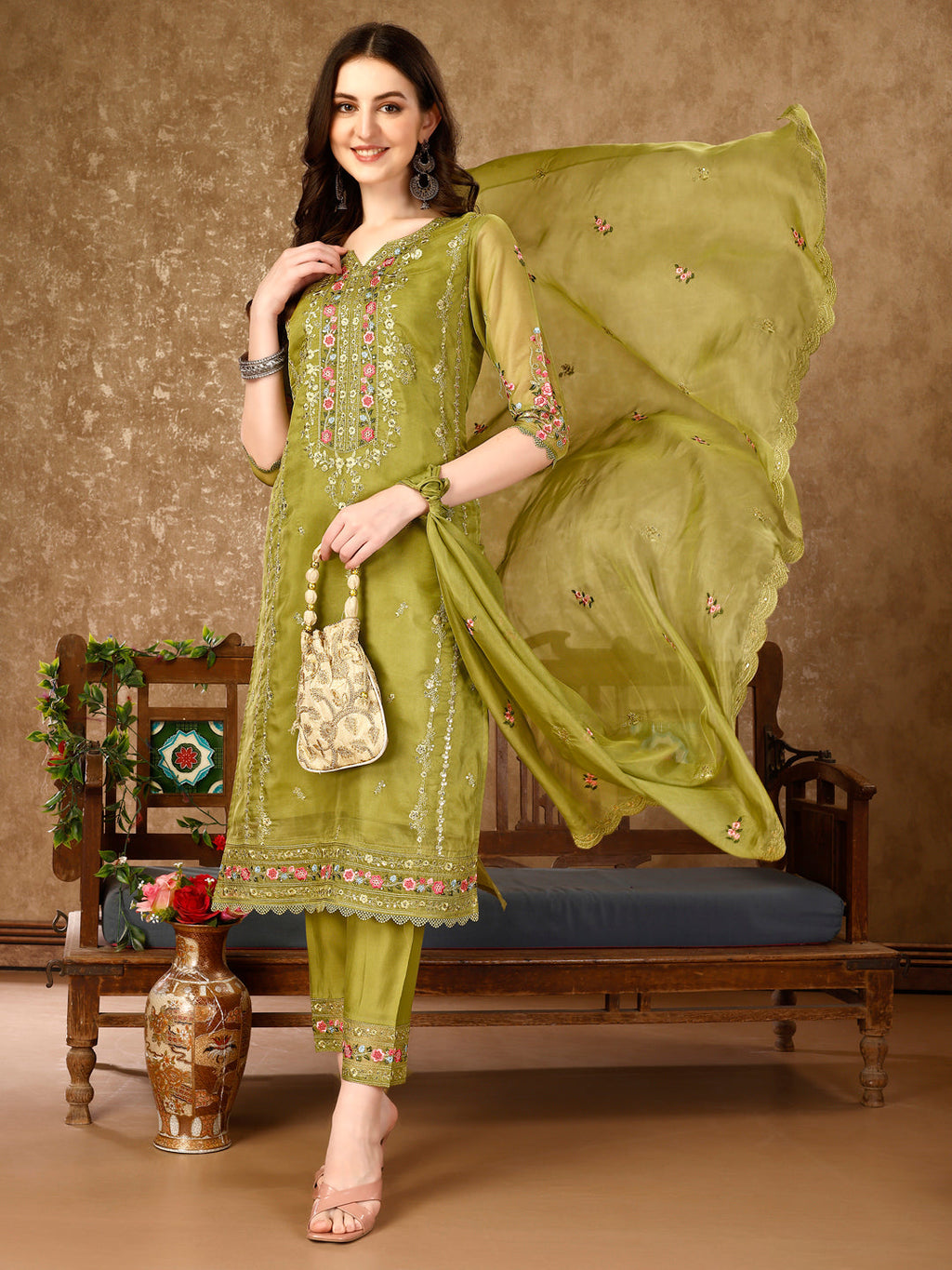 Pakistani Embroidered Organza Kurta With Pant & Embroidered Dupatta Luxury Premium, Multicolor - Hiral Fashion | Grocsy