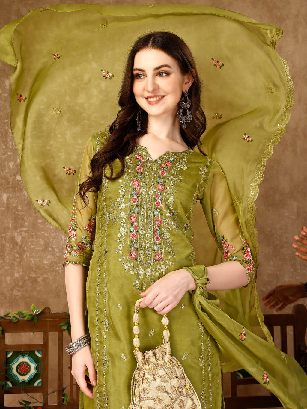 Pakistani Embroidered Organza Kurta With Pant & Embroidered Dupatta Luxury Premium, Multicolor - Hiral Fashion | Grocsy