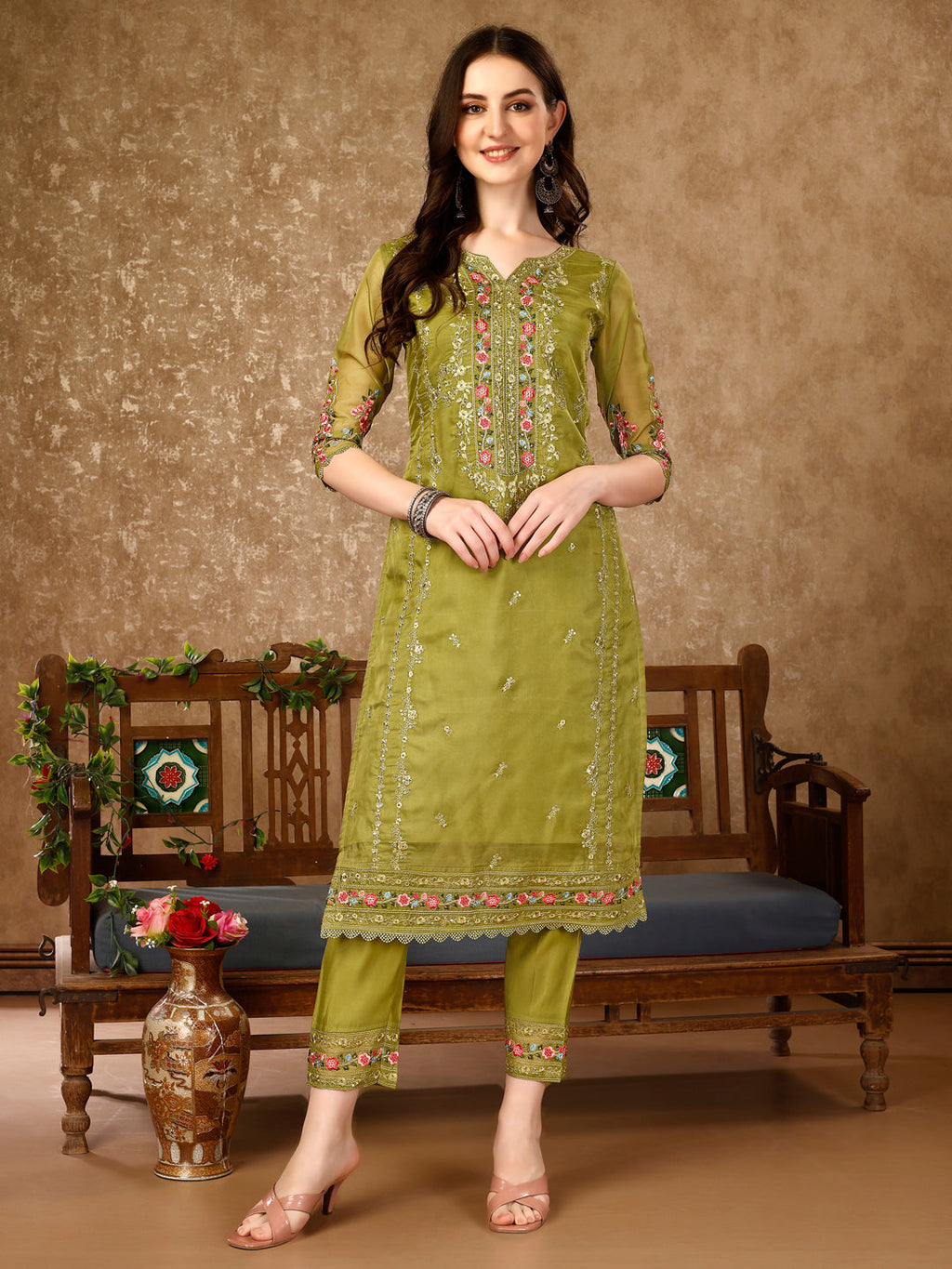 Pakistani Embroidered Organza Kurta With Pant & Embroidered Dupatta Luxury Premium, Multicolor - Hiral Fashion | Grocsy