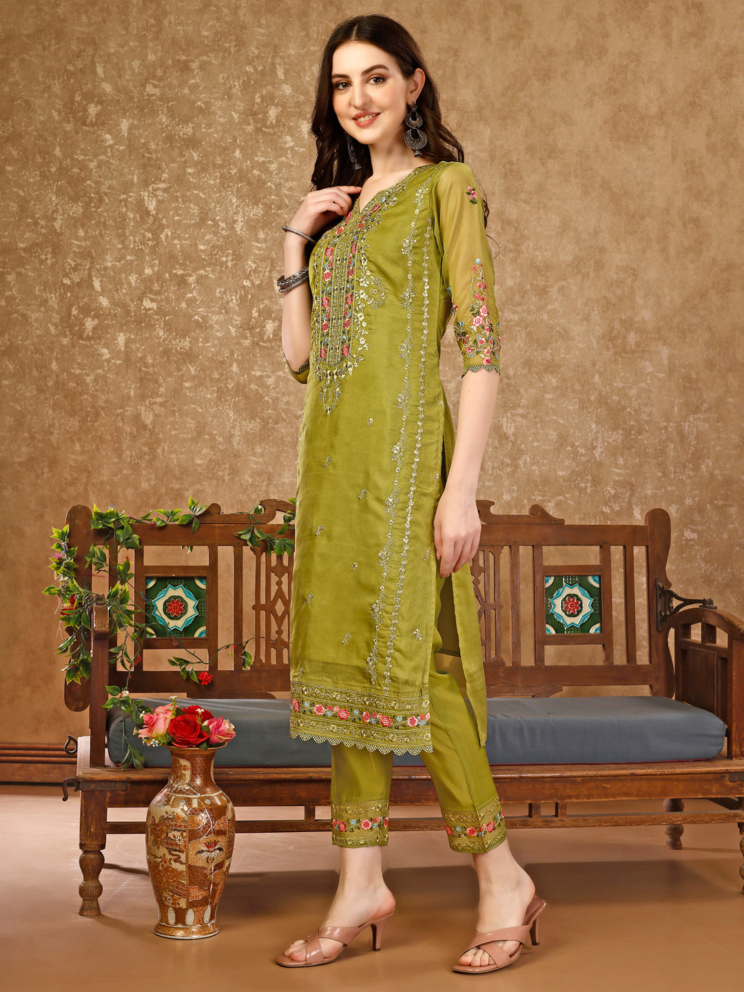 Pakistani Embroidered Organza Kurta With Pant & Embroidered Dupatta Luxury Premium, Multicolor - Hiral Fashion | Grocsy