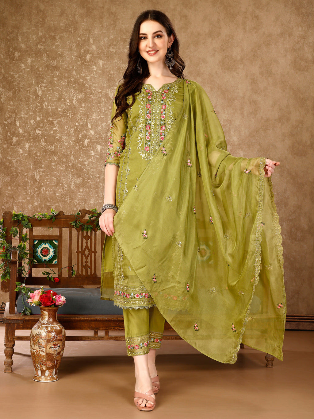 Pakistani Embroidered Organza Kurta With Pant & Embroidered Dupatta Luxury Premium, Multicolor - Hiral Fashion | Grocsy