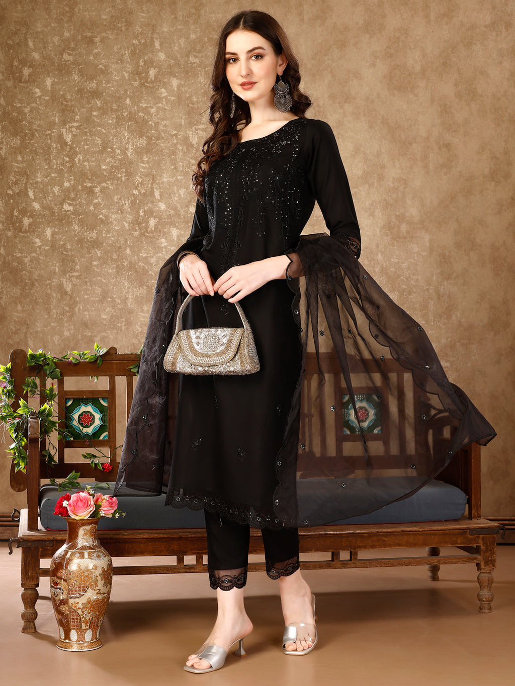 Pakistani Sequinned Embroidered Kurta With Pant & Embroidered Organza Dupatta Luxury Premium, Multicolor - Hiral Fashion | Grocsy
