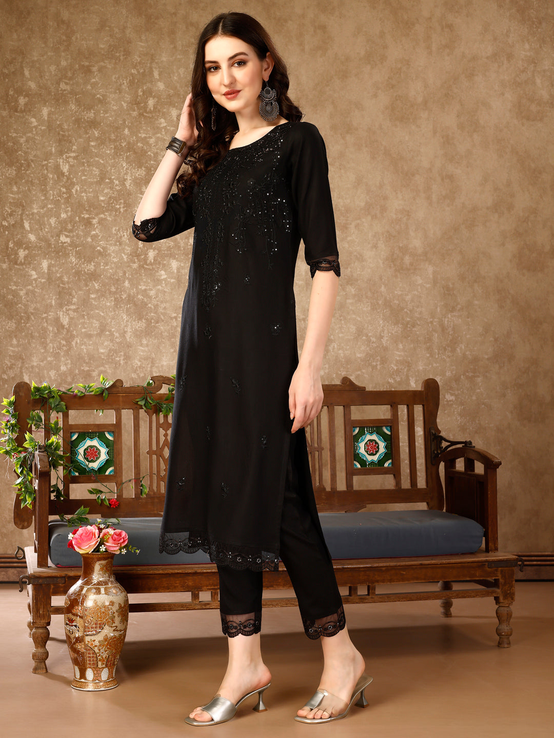 Pakistani Sequinned Embroidered Kurta With Pant & Embroidered Organza Dupatta Luxury Premium, Multicolor - Hiral Fashion | Grocsy