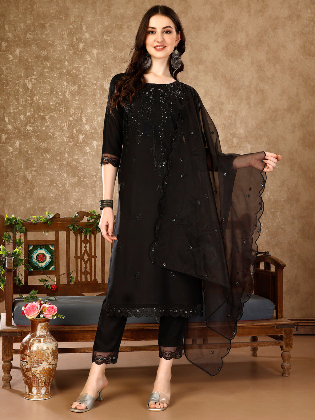 Pakistani Sequinned Embroidered Kurta With Pant & Embroidered Organza Dupatta Luxury Premium, Multicolor - Hiral Fashion | Grocsy