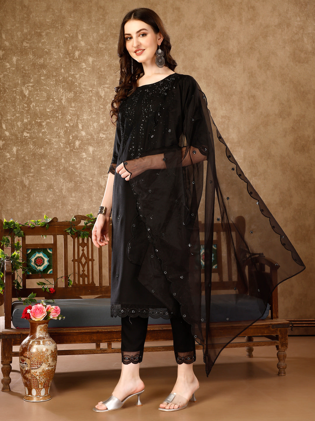 Pakistani Sequinned Embroidered Kurta With Pant & Embroidered Organza Dupatta Luxury Premium, Multicolor - Hiral Fashion | Grocsy