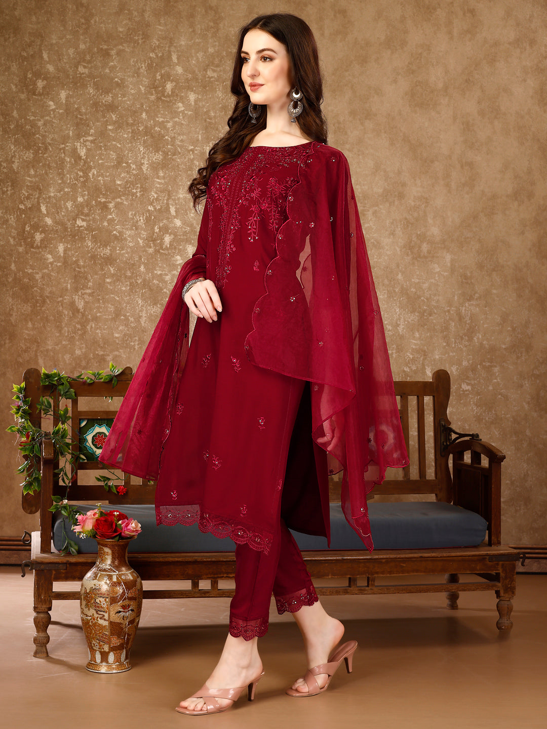 Pakistani Sequined Embroidered Kurta With Pant & Embroidered Organza Dupatta Luxury Premium, Multicolor - Hiral Fashion | Grocsy