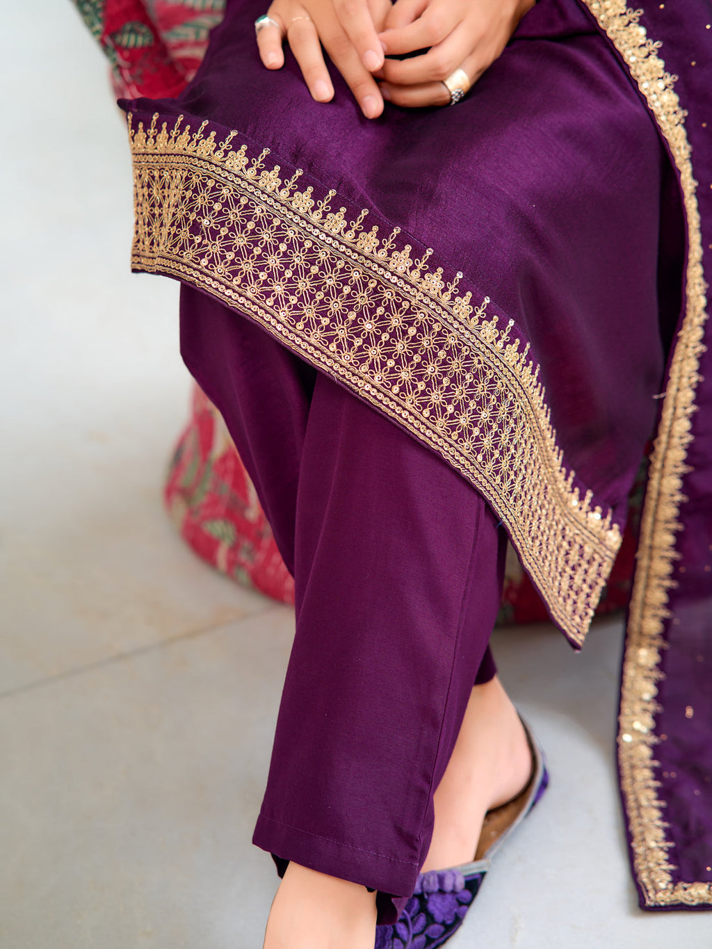 Embroidered Kurta With Pant & Printed Dupatta, Wine - Hiral Fashion | Grocsy