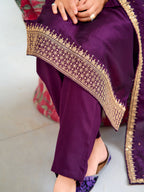 Embroidered Kurta With Pant & Printed Dupatta, Wine - Hiral Fashion | Grocsy