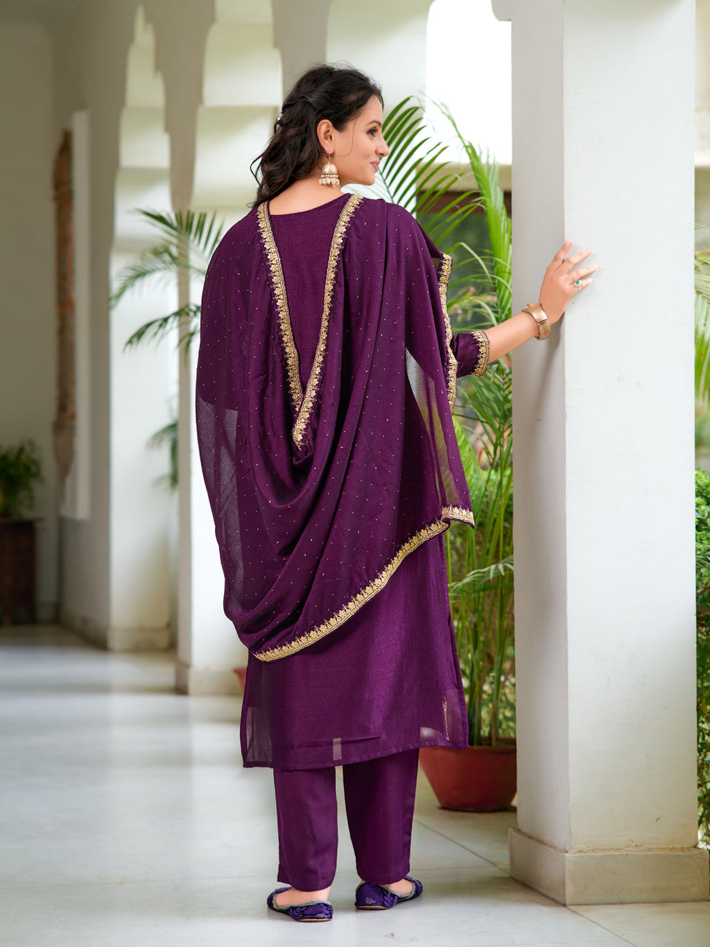 Embroidered Kurta With Pant & Printed Dupatta, Wine - Hiral Fashion | Grocsy