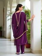 Embroidered Kurta With Pant & Printed Dupatta, Wine - Hiral Fashion | Grocsy