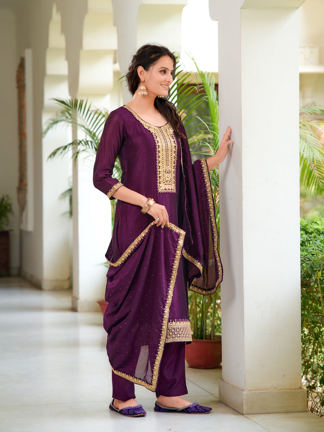 Embroidered Kurta With Pant & Printed Dupatta, Wine - Hiral Fashion | Grocsy