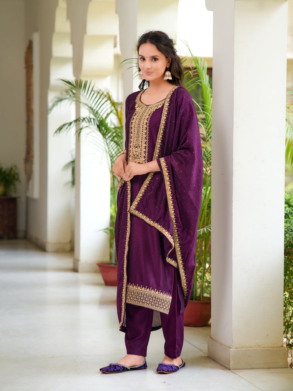 Embroidered Kurta With Pant & Printed Dupatta, Wine - Hiral Fashion | Grocsy