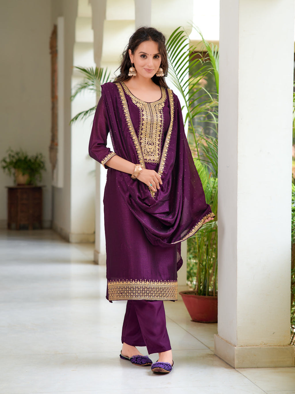 Embroidered Kurta With Pant & Printed Dupatta, Wine - Hiral Fashion | Grocsy