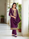 Embroidered Kurta With Pant & Printed Dupatta, Wine - Hiral Fashion | Grocsy