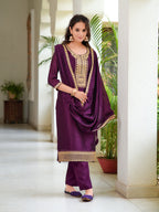 Embroidered Kurta With Pant & Printed Dupatta, Wine - Hiral Fashion | Grocsy