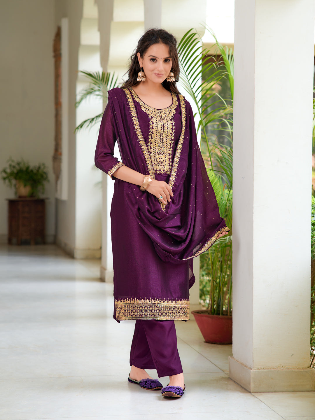 Embroidered Kurta With Pant & Printed Dupatta, Wine - Hiral Fashion | Grocsy