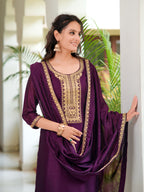 Embroidered Kurta With Pant & Printed Dupatta, Wine - Hiral Fashion | Grocsy