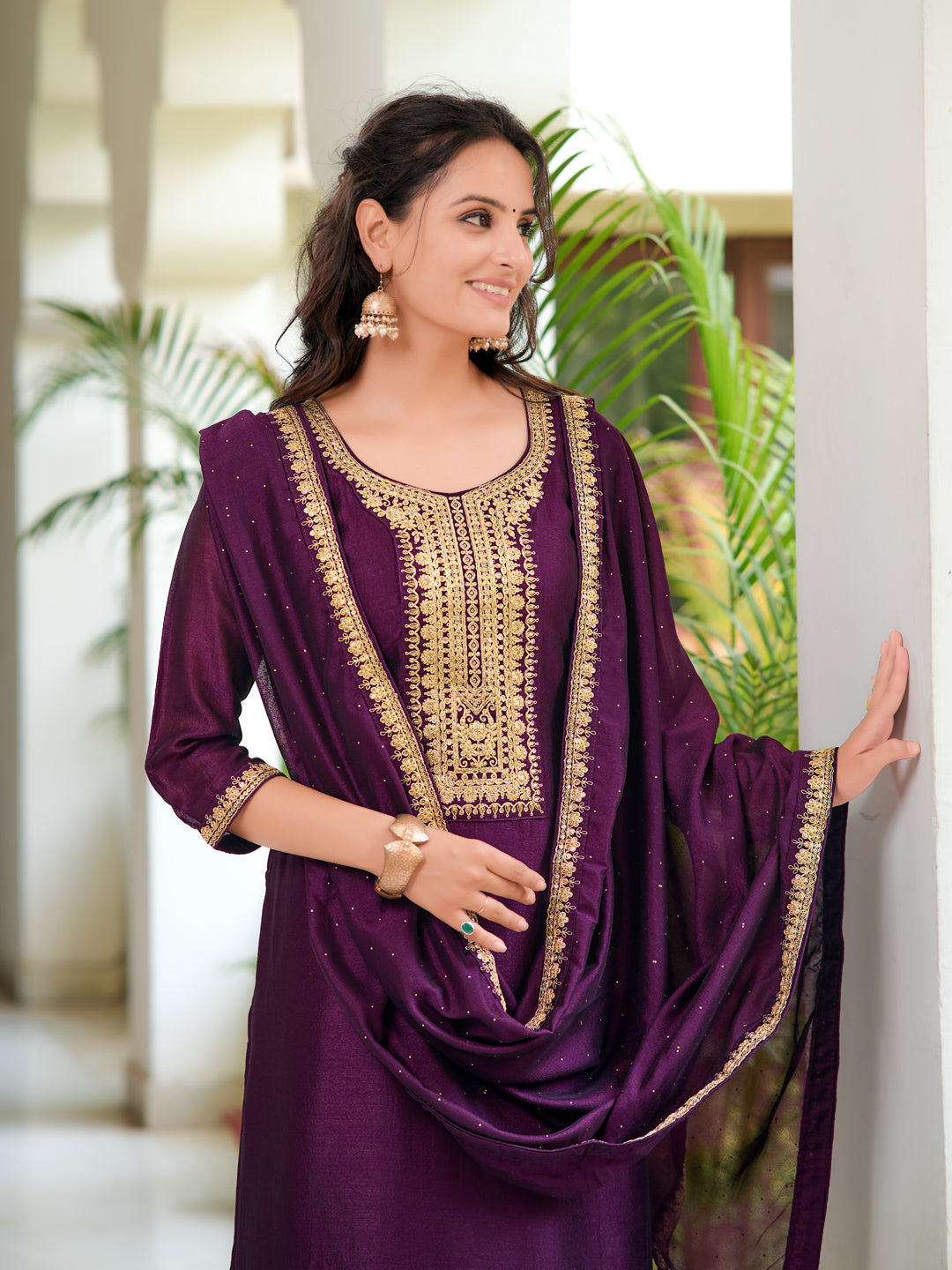 Embroidered Kurta With Pant & Printed Dupatta, Wine - Hiral Fashion | Grocsy