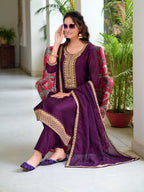Embroidered Kurta With Pant & Printed Dupatta, Wine - Hiral Fashion | Grocsy