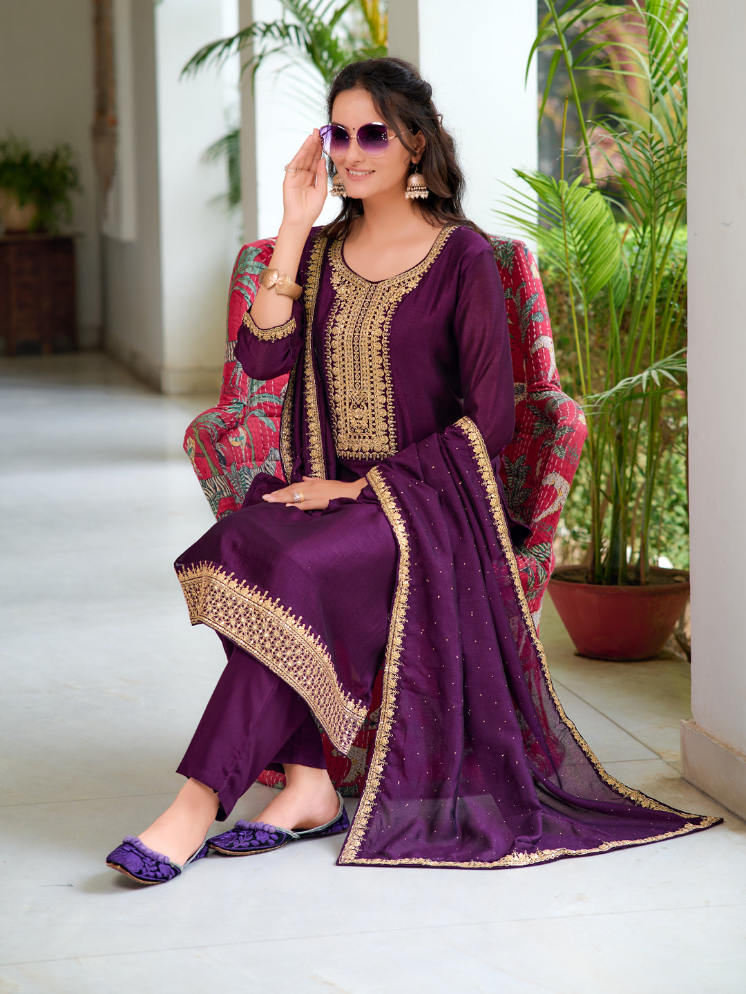 Embroidered Kurta With Pant & Printed Dupatta, Wine - Hiral Fashion | Grocsy