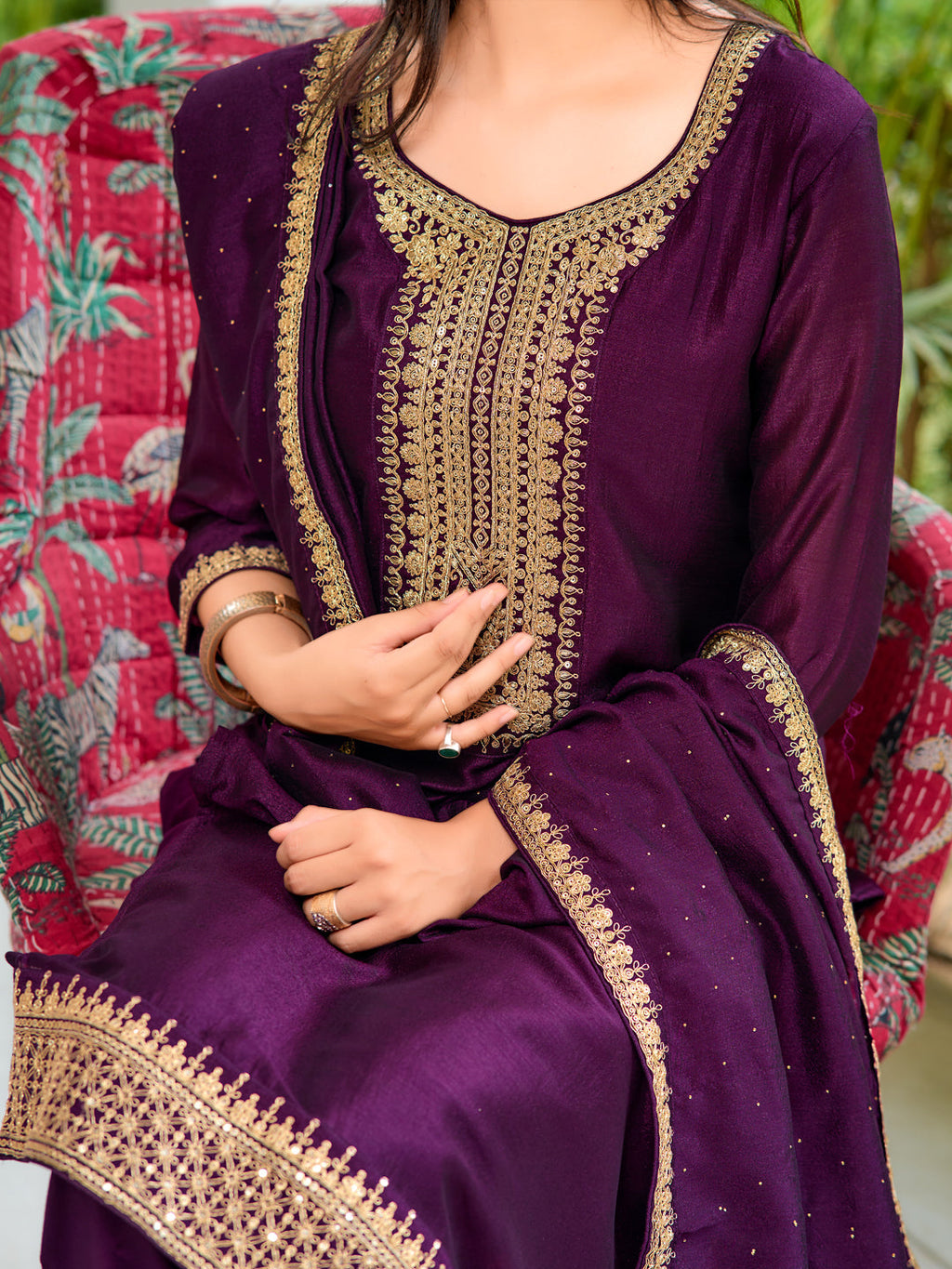 Embroidered Kurta With Pant & Printed Dupatta, Wine - Hiral Fashion | Grocsy
