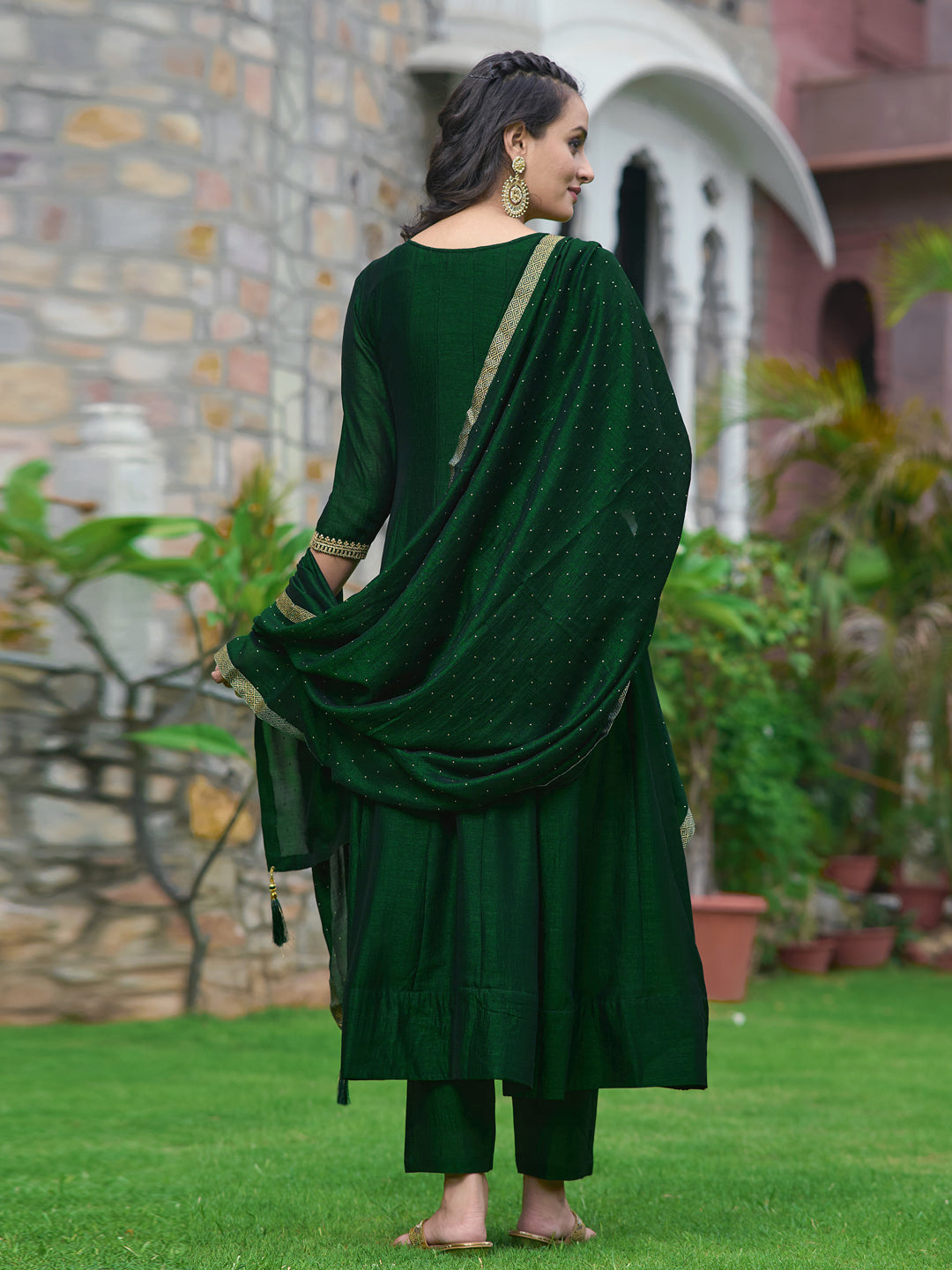 Anarkali Embroidered Kurta With Pant & Dupatta, Bottle-Green - Hiral Fashion | Grocsy