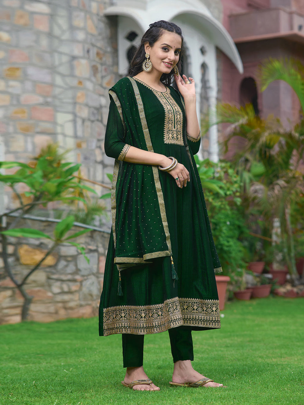 Anarkali Embroidered Kurta With Pant & Dupatta, Bottle-Green - Hiral Fashion | Grocsy