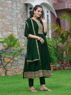 Anarkali Embroidered Kurta With Pant & Dupatta, Bottle-Green - Hiral Fashion | Grocsy