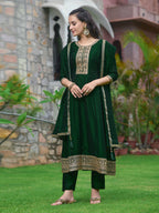 Anarkali Embroidered Kurta With Pant & Dupatta, Bottle-Green - Hiral Fashion | Grocsy