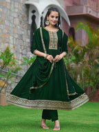 Anarkali Embroidered Kurta With Pant & Dupatta, Bottle-Green - Hiral Fashion | Grocsy