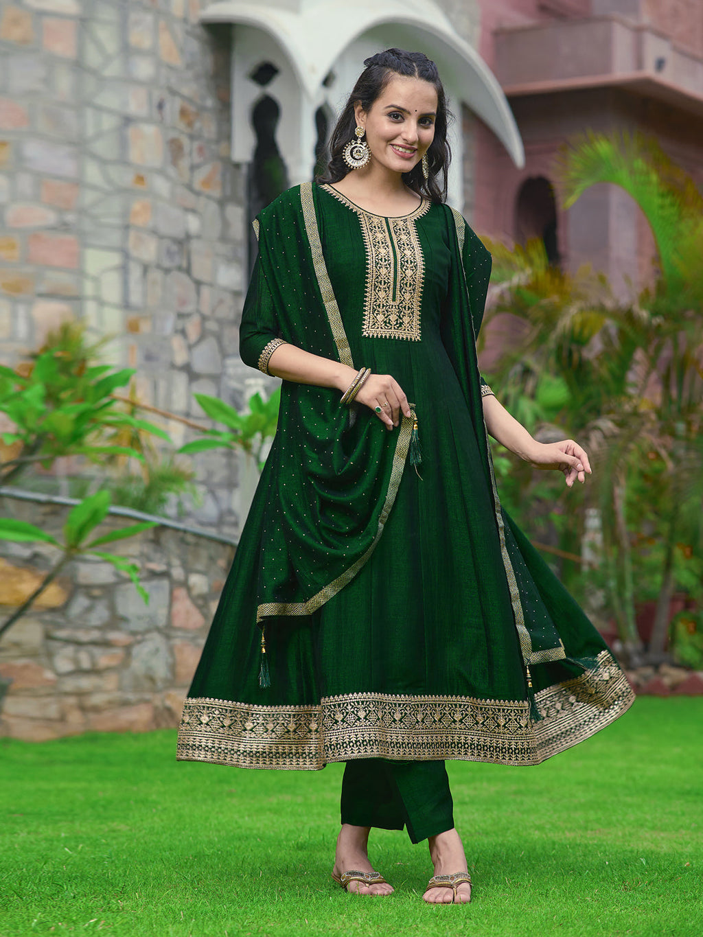 Anarkali Embroidered Kurta With Pant & Dupatta, Bottle-Green - Hiral Fashion | Grocsy