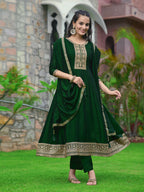 Anarkali Embroidered Kurta With Pant & Dupatta, Bottle-Green - Hiral Fashion | Grocsy